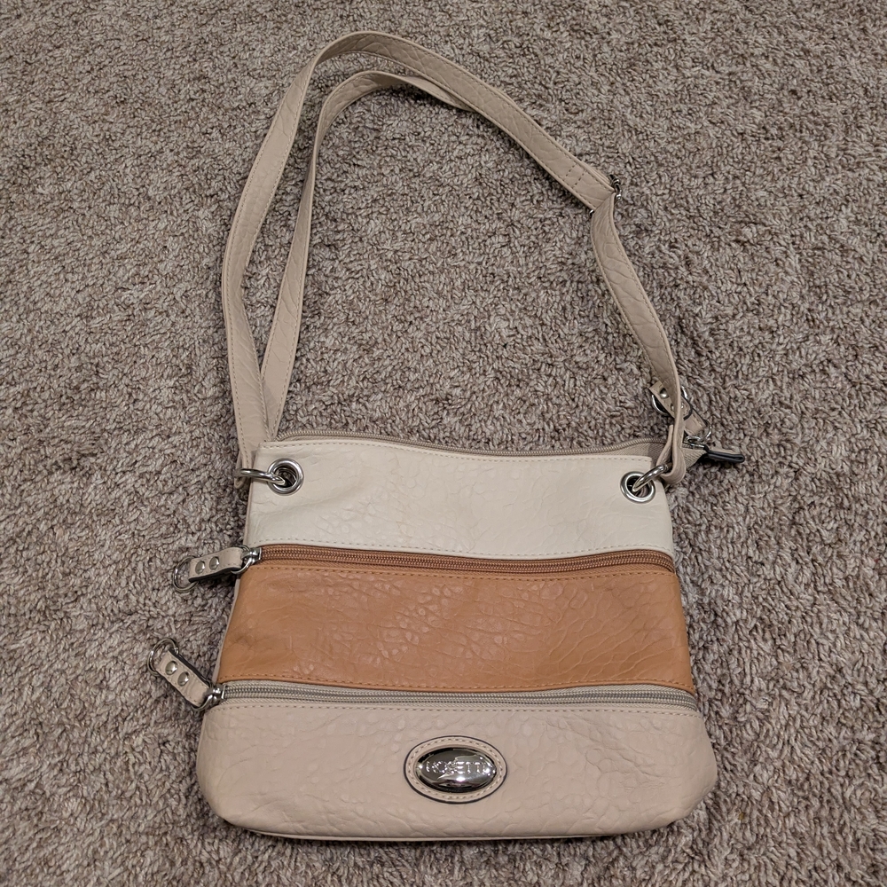 Rosetti chic faux leather neutral colors three zipper crossbody purse bag